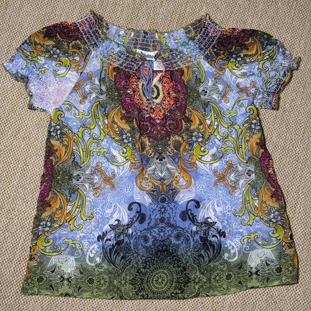 Forbidden LA Y2K Paisley Print Sheer Blouse Top Funky Colorful Womens Medium
